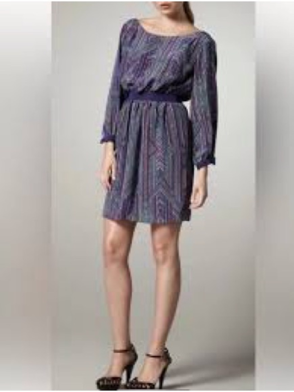 Shoshanna Purple Printed Long-Sleeve Waist-Defined Dress